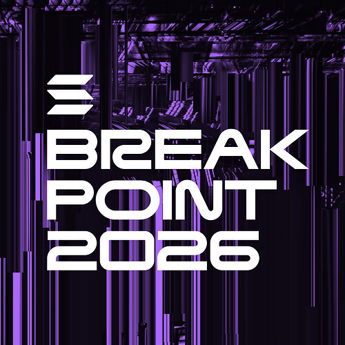 A promotional graphic for 'BREAK POINT 2026' features futuristic white text over a background of purple and black vertical bars.