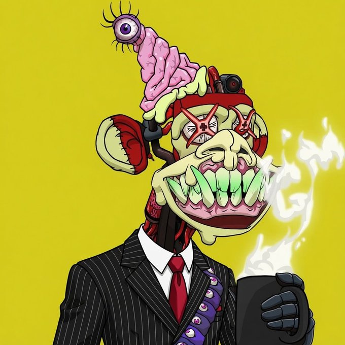 A grotesque, surreal character with bulging eyes, a gaping toothy grin, and a dripping brain topped by an eyeball stem holds a steaming black mug, set against a bright yellow background. The bizarre creature is dressed in a pinstripe suit and red tie with a patterned shirt, whimsically matching the poster's playful "GM NFT Coffee Gang" morning greeting, caffeine-fueled office routine, and good vibes.