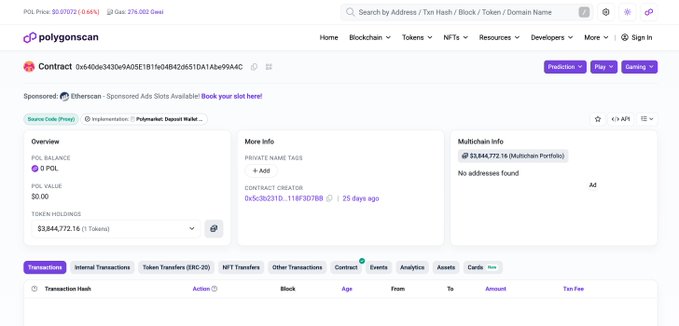 A screenshot of a Polygonscan contract page for address 0x640de3430e9A05E1B1fe04B42d651DA1Abe99A4C, showing a 0 POL balance and 1 token holding valued at $3,844,772.16 (Multichain Portfolio), with a contract creation timestamp of 25 days ago. The image relates to the post by verifying the wallet address mentioned, which holds approximately $3.8M despite the post's claim of $3M, and displays it as a newly created contract rather than a personal wallet.