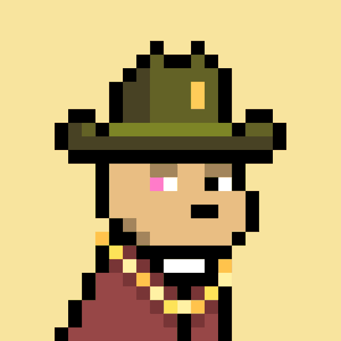 A pixel art character wearing a green wide-brimmed hat and a brown coat, with a simple face featuring one pink cheek and one white eye.