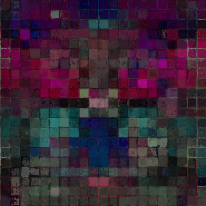 A digital artwork composed of a dense grid of textured squares forms a pixelated, symmetrical pattern dominated by rich shades of magenta, purple, and teal.