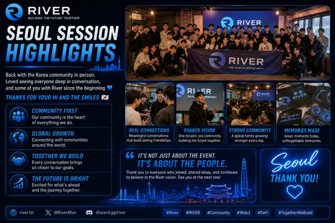 The image features a poster for an event called "River Seoul Session Highlights" with a group of people gathered around a large banner displaying the name "River". The poster also includes several photos showcasing the River community, including a photo of a person wearing a tie. The text on the poster highlights the importance of the community and their involvement in the event.