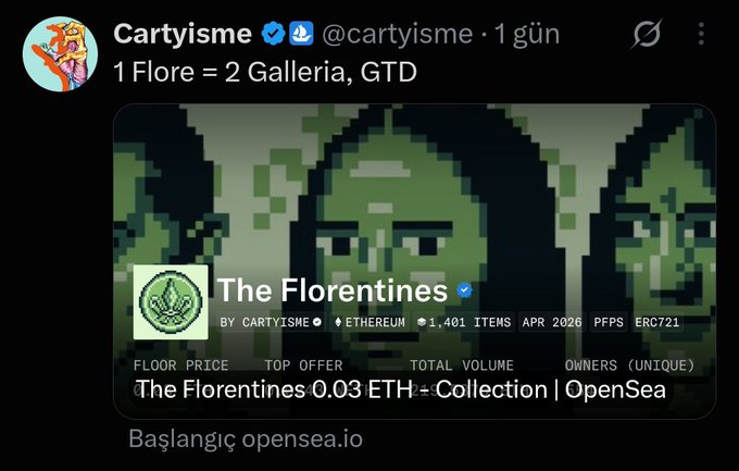 The image shows a tweet from user "Cartyisme" (@cartyisme) stating "1 Flore = 2 Galleria, GTD" alongside a screenshot of "The Florentines" NFT collection on OpenSea, showing 1,401 items at a floor price of 0.03 ETH, referencing an ERC721 token on Ethereum with an April 2026 release date. The tweet highlights a complaint about how holders of the "Florentines" NFT receive double the GTD (guaranteed) allocation compared to others, which the user finds unfair given they claim they didn't cheat and weren't included in the whitelist despite holding the NFT.