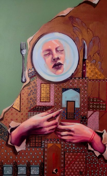 A surreal painting depicting a face on a dish with a fork and knife, above hands in prayer position over an architectural collage with intricate patterns.