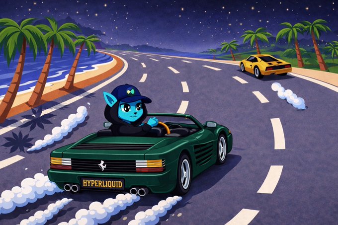 "Hyperliquid" is written above a green car that is driving down a road with palm trees, as well as another car following behind it.