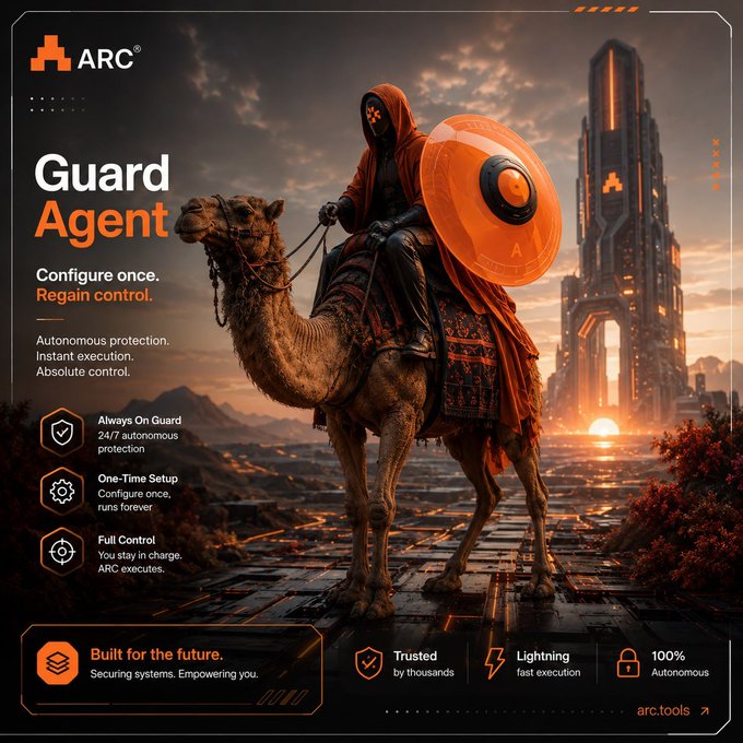 A promotional graphic for 'ARC' featuring a hooded figure in red riding a camel through a futuristic city, advertising their 'Guard Agent' autonomous security service (arc.tools).