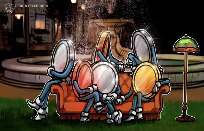 Cointelegraph cartoon illustration of four coin characters with legs sitting together on an orange couch in a garden setting, appearing to chat with each other.
