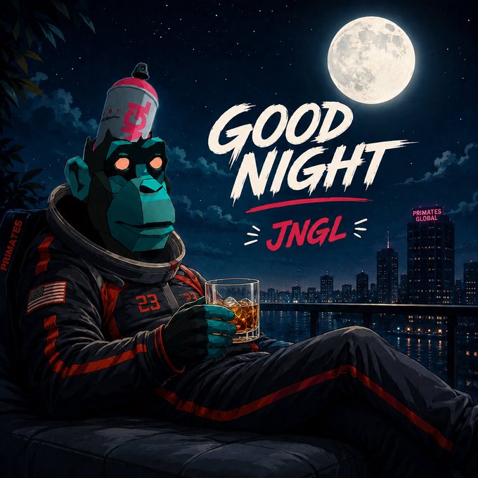A nighttime digital artwork featuring a teal-skinned monkey astronaut in a black and red jacket numbered '23', holding a glass of whiskey with 'GOOD NIGHT JNGL' text, a full moon, and a cityscape in the background.