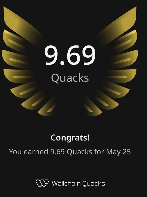 The image features a poster with an illustration of a bird's wing design, accompanied by text that reads "9.6 Quacks Congratulations! You earned 9.69 Quacks for May 25". The poster also includes information about a campaign called "gQuack fam Finally, @wallchain has launched some campaigns for Quackers. Participation requires applying and getting selected."