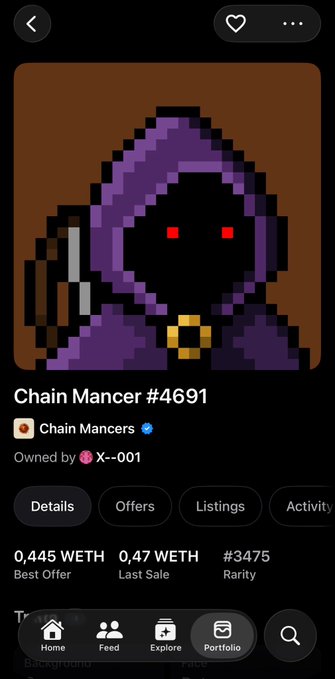 Screenshot of a crypto/NFT mobile app showing a pixel art character called "Chain Mancer #4691" from the "Chain Mancers" collection, owned by X--001, with details including a Best Offer of 0.445 WETH, Last Sale of 0.47 WETH, and Rarity #3475.