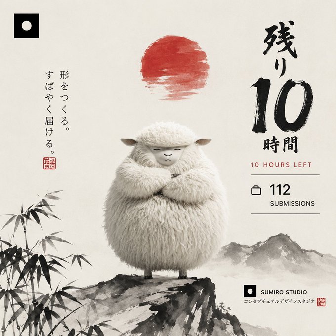 A Sumiro Studio Japanese-themed design poster featuring a fluffy sheep with a red sun, reading '残り10時間' (10 Hours Left) and '112 SUBMISSIONS'.