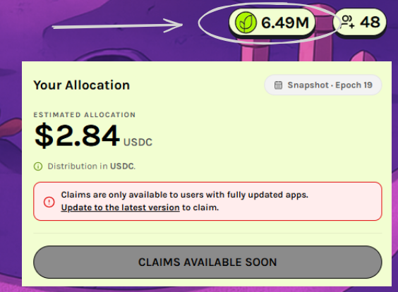 A screenshot shows an estimated allocation of $2.84 USDC from 6.49M $GRASS tokens during Epoch 19, but the user must update their app to claim the "Claims Available Soon" reward. The image highlights a humorous disparity between a large token balance and a small airdrop payout, matching the post's sarcastic tone about not knowing what to do with the modest USDC reward.