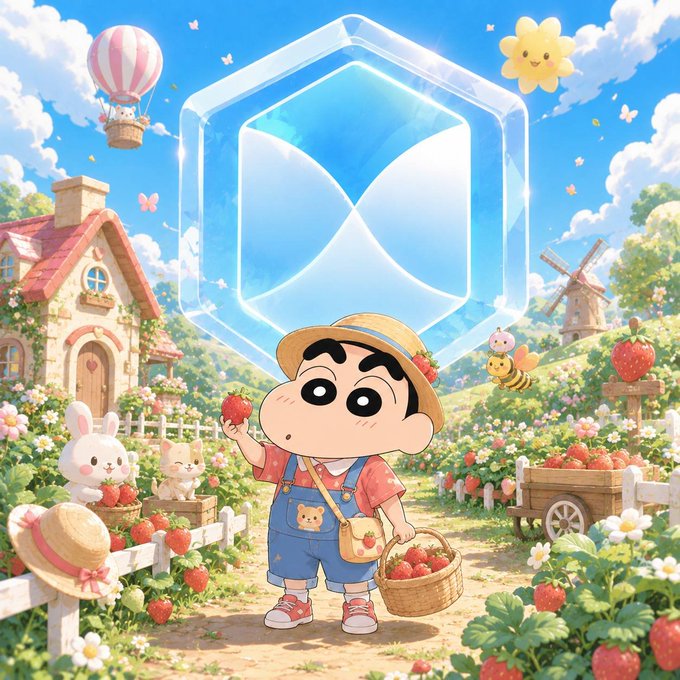 A cheerful anime-style illustration of a young boy in overalls and a straw hat holding a strawberry, surrounded by a whimsical strawberry farm with cute animals, a windmill, and a smiling sun under a large glass cube.