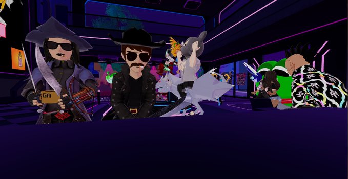 Avatar-style characters in a neon-lit virtual club scene, including figures dressed as pirates and a pilgrim, a character riding a wolf with an orange companion, and other avatars on the right.