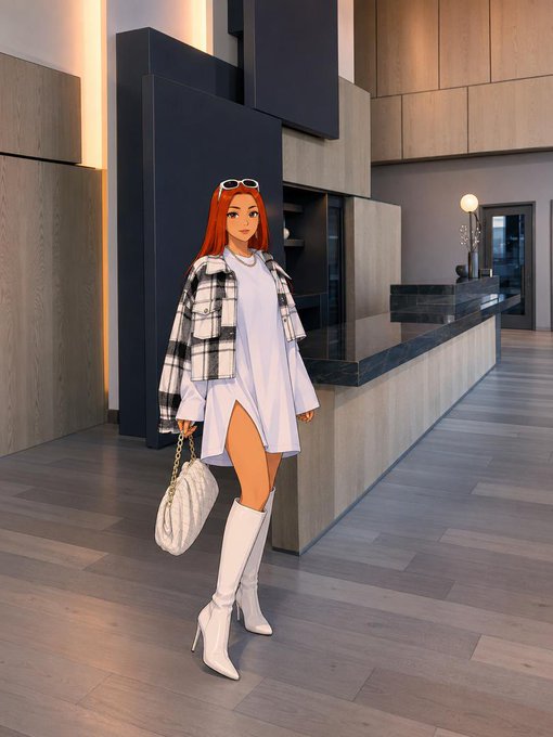 A stylized illustration of a woman with orange hair, a plaid shirt over a white dress, white knee-high boots, and a white handbag, standing in a modern interior with wood floors.