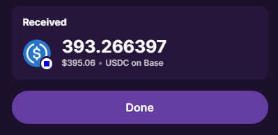 A digital wallet interface shows a successful transaction receipt of 393.266397 USDC, valued at $395.06 on the Base network, with a 'Done' button.