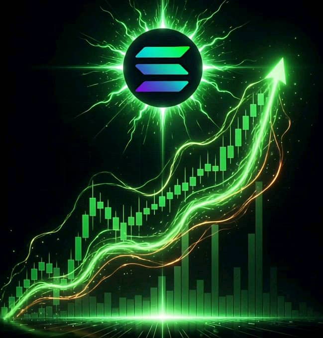 A digital art graphic featuring the Solana logo surrounded by green lightning, with a rising green candlestick chart and bar graph on a dark background.