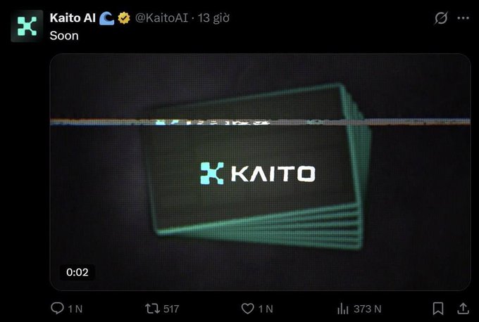 The image shows a social media post with a video playing, featuring a logo for Kaito AI. The post includes a caption that reads "Kaito AI vừa thả teaser Soon với video logo quét ngân chuyên nghiệp." The image also contains the names of two people and their social media handles, which are not visible in the image.