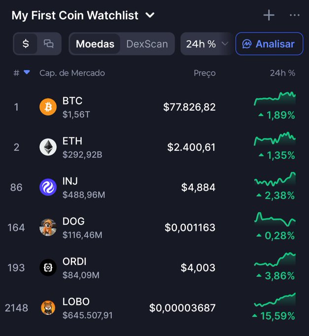 A cryptocurrency watchlist screenshot titled 'My First Coin Watchlist' showing coins (Moedas) with market caps, prices, and 24h changes: BTC at $77,826.82 (+1.89%), ETH at $2,400.61 (+1.35%), INJ at $4.884 (+2.38%), DOG at $0.001163 (+0.28%), ORDI at $4.003 (+3.86%), and LOBO at $0.00003687 (+15.59%).