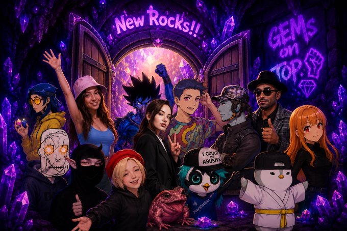 A diverse cast of stylized characters and avatars gather in a vibrant purple crystal cave, posing enthusiastically beneath graffiti reading "New Rocks!!" and "GEMS on TOP." The image's celebratory, community-driven vibe matches the post's optimistic NFT "pivot" narrative, featuring shoutouts to "spritehood," "cole," "mancy's," and "unvault genesis bugz" projects.