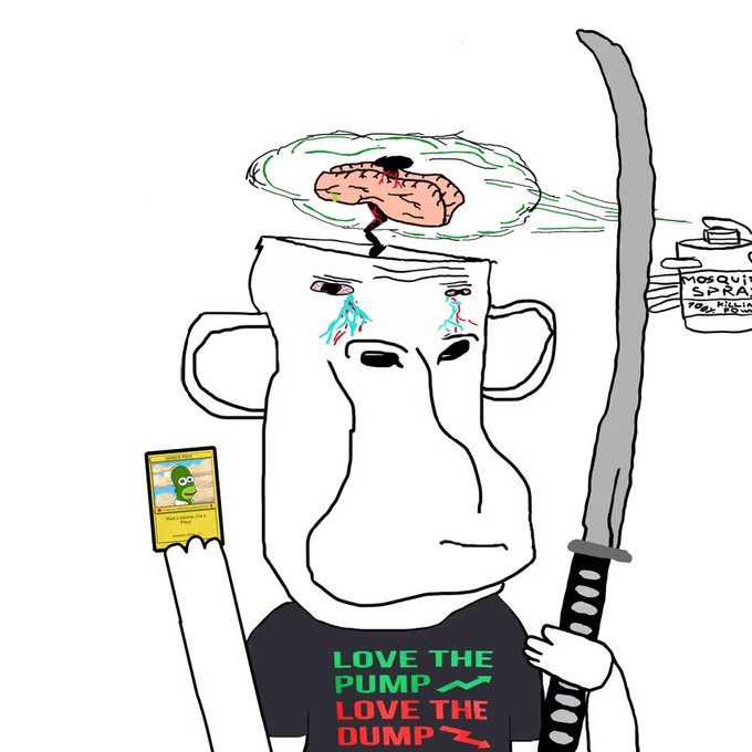 A crude digital drawing depicts a sad, white monkey-like character with a can of "MOSQUITO SPRAY" on its head, crying blue tears, holding a card and a katana sword, wearing a shirt that reads "LOVE THE PUMP, LOVE THE DUMP."