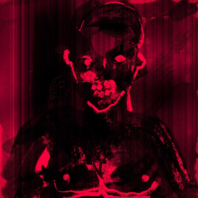 A stylized, high-contrast red and black artwork depicting a figure with a distorted, menacing face and dark silhouette.