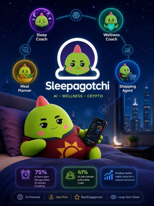A promotional graphic for 'Sleepagotchi' shows a green cartoon character on a bed with a phone, surrounded by features including Sleep Coach, Wellness Coach, Meal Planner, and Shopping Agent, labeled 'AI • WELLNESS • CRYPTO'.