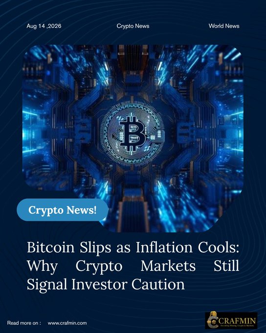 A crypto news graphic dated Aug 14, 2026, with headline 'Bitcoin Slips as Inflation Cools: Why Crypto Markets Still Signal Investor Caution', from Crafmin Cryptocurrency Press.