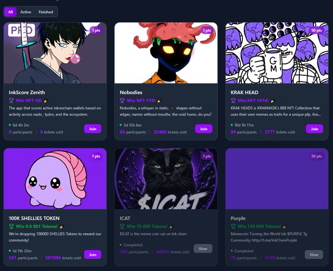 A Shellies NFT raffles platform interface displaying six active NFT collections including InkScore Zenith, Nobodies, KRAK HEAD, 100K SHELLIES TOKEN, $ICAT, and Purple, with point-based entry options ranging from 1 pt to 50 pts and token prizes up to 150,000 Tokens. The screen shows participant counts and tickets sold for each raffle, directly supporting the post's call to action to join raffles at shellies.xyz/portal/raffles for a chance to win an InkScore Zenith NFT.