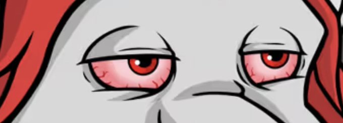 A close-up anime-style drawing shows a character's red eyes with heavy, tired-looking eyelids.