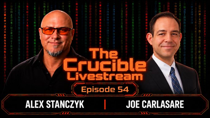 Promotional graphic for 'The Crucible Livestream' Episode 54 featuring hosts Alex Stanczyk and Joe Carlasare, set against a background of falling green code reminiscent of The Matrix.