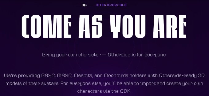 The image shows a purple banner with white text that reads "Come As You Are" and "Digging into how to create a simple 3D avatar usable by everyone since it's apparently the new meta. Any NFT collection can bring one (or several) avatars into Otherside based on traits or individual pieces." The post is about creating an avatar for others, which could be used in a game or other online activities.