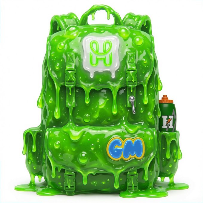A bright green, slime-covered backpack featuring a stylized 'H' logo and a yellow-and-blue 'GM' patch, with a green canister (resembling a dynamite or fuel tank) attached to its right side.