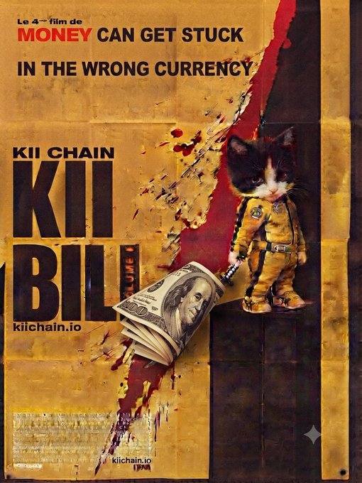 A parody movie poster titled "KII BIL" promoting "kiichain.io", featuring a cat in a yellow jumpsuit holding a sword alongside a rolled Benjamin Franklin bill, with the tagline "MONEY CAN GET STUCK IN THE WRONG CURRENCY".