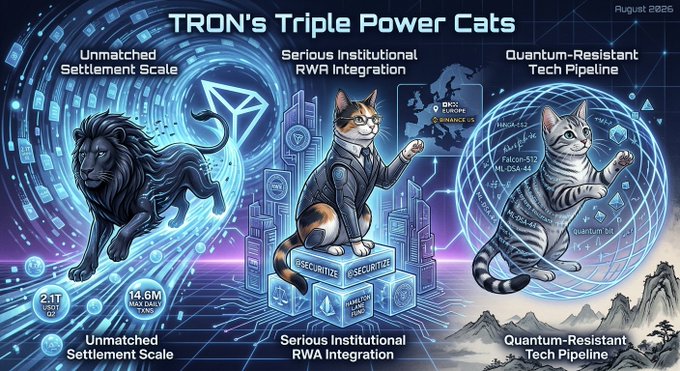 A promotional graphic titled 'TRON's Triple Power Cats' featuring three cats representing 'Unmatched Settlement Scale' (a black lion-cat), 'Serious Institutional RWA Integration' (a calico cat with @SECURITIZE blocks), and 'Quantum-Resistant Tech Pipeline' (a tabby cat).