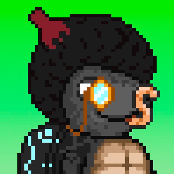 Pixel art portrait of a humanoid turtle character with a red bandana and goggles on the side profile against a green background, referencing the iconic Teenage Mutant Ninja Turtles franchise mentioned in the caption.