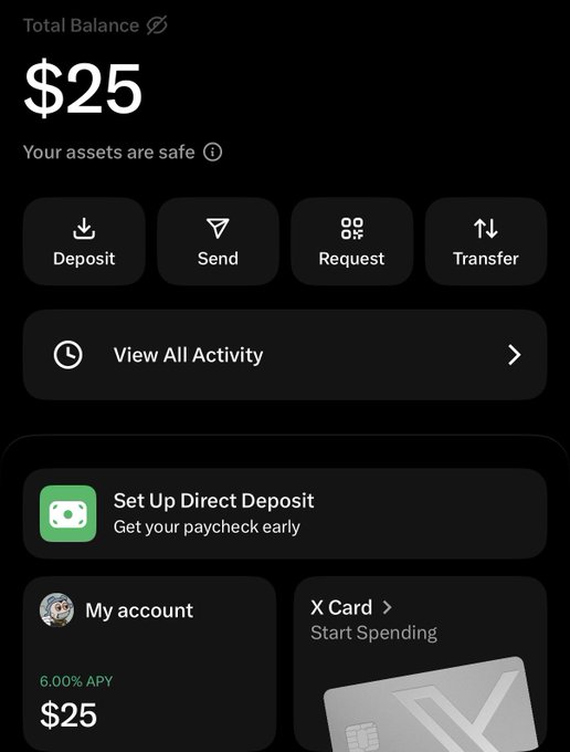 A mobile banking app displays a $25 total balance with options for Deposit, Send, Request, and Transfer, along with a 'Set Up Direct Deposit' prompt.