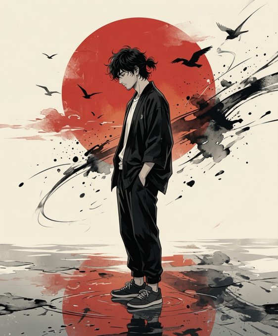 A stylized anime illustration of a young man with dark hair in a black jacket and pants, standing before a large red sun with birds flying and ink splatters in the background.
