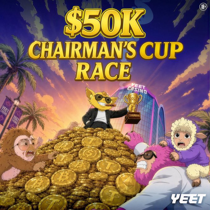 Illustrated promotional poster for 'YEET CASINO' advertising a '$50K CHAIRMAN'S CUP RACE' featuring cartoon characters including a dog in a suit, an ape, and a sheep around a pile of crypto coins.