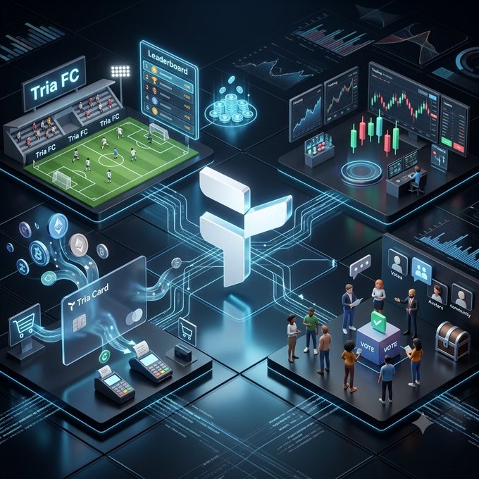 An isometric digital illustration depicting 'Tria FC' and 'Tria Card' elements, including a soccer stadium, financial trading charts, a payment terminal, and a voting interface.
