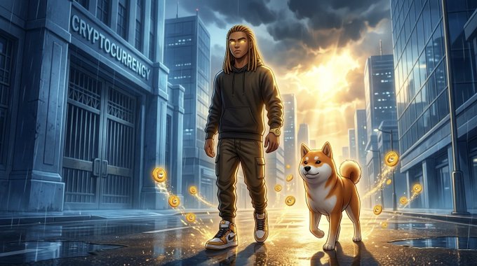 A man and his Shiba Inu stand confidently in a rainy city street under a dramatic sky, with a "CRYPTOCURRENCY" bank in the background and floating BONK coins surrounding them, visually representing the post's message that despite the Upbit delisting setback, BONK's strong community and ongoing product development keep the bullish outlook alive for the "dog."