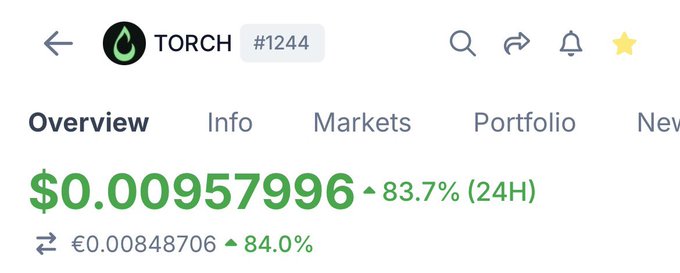 A cryptocurrency price tracker showing the token TORCH (#1244) at $0.00957996 with a 24H increase of 83.7%, and a price of €0.00848706 with an 84.0% increase.
