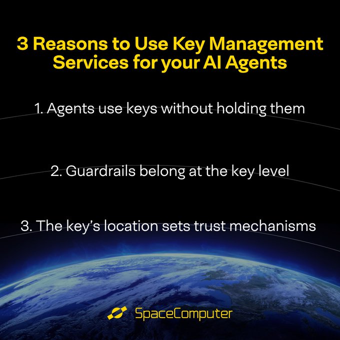 An infographic with a dark background and an Earth image at the bottom displays the text '3 Reasons to Use Key Management Services for your AI Agents,' followed by three points, and is branded with 'SpaceComputer' at the bottom.