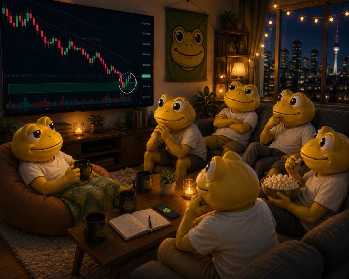 A humorous AI-generated image of several anthropomorphic frog characters sitting on couches in a living room, watching a financial chart displaying a downward trend.