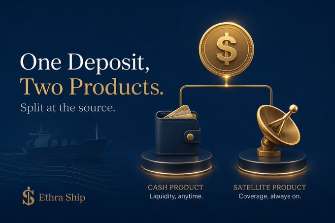 A promotional banner for 'Ethra Ship' with the tagline 'One Deposit, Two Products. Split at the source,' showing a gold coin splitting into a 'Cash Product' (wallet icon) and 'Satellite Product' (satellite dish icon), with a cargo ship in the background.