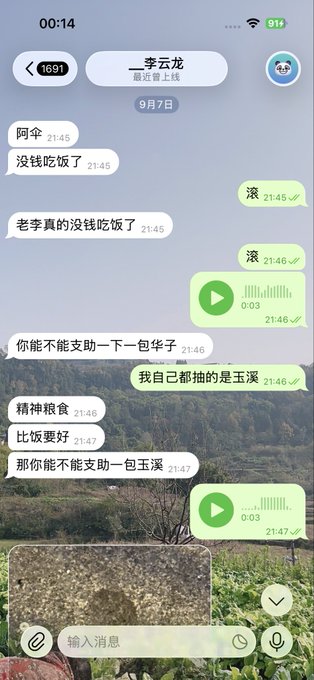 A Chinese WeChat conversation screenshot showing messages about borrowing money for food, including voice messages and a scenic mountain wallpaper background.