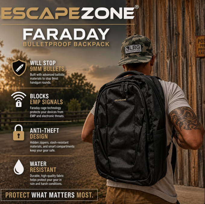 An advertisement for the 'ESCAPEZONE FARADAY BULLETPROOF BACKPACK' highlighting features like stopping 9mm bullets, blocking EMP signals, anti-theft design, and water resistance, with a man wearing a camouflage LRG cap shown wearing the backpack.