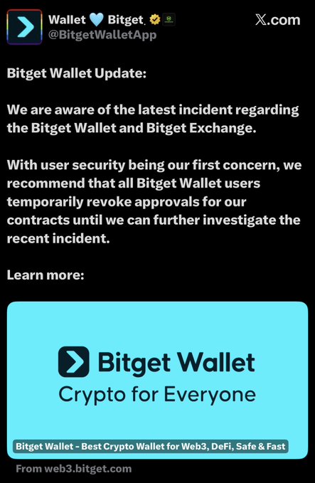 An X.com post from Bitget Wallet (@BitgetWalletApp) advising users to temporarily revoke approvals for their contracts due to a recent security incident.