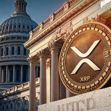 A grand domed government building—resembling the U.S. Capitol—stands beside a large golden XRP coin emblem, symbolizing XRP's positioning alongside potential new banking regulations allowing institutions to hold digital assets and issue stablecoins. The image visually reinforces the post's message that $XRP is prepared for the emerging era of blockchain-enabled finance.