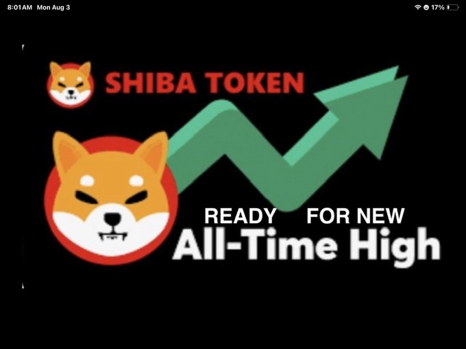 A graphic featuring the Shiba Token logo with a green upward-pointing arrow and the text 'SHIBA TOKEN READY FOR NEW All-Time High', captured on an iPad at 8:01 AM Mon Aug 3.